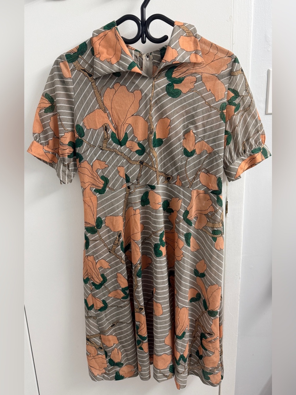 Vintage 1970s Handmade Magnolia Floral Striped Dress Collar (Size S/M)